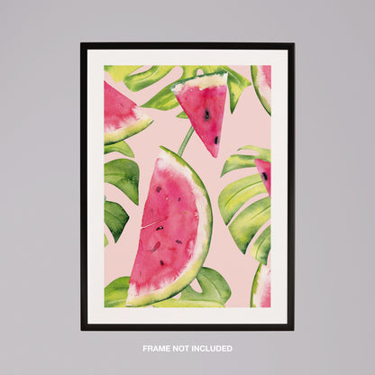 Summer Watermelon and Tropical Leaves - Rolled Poster Wall Art Print - House Prints