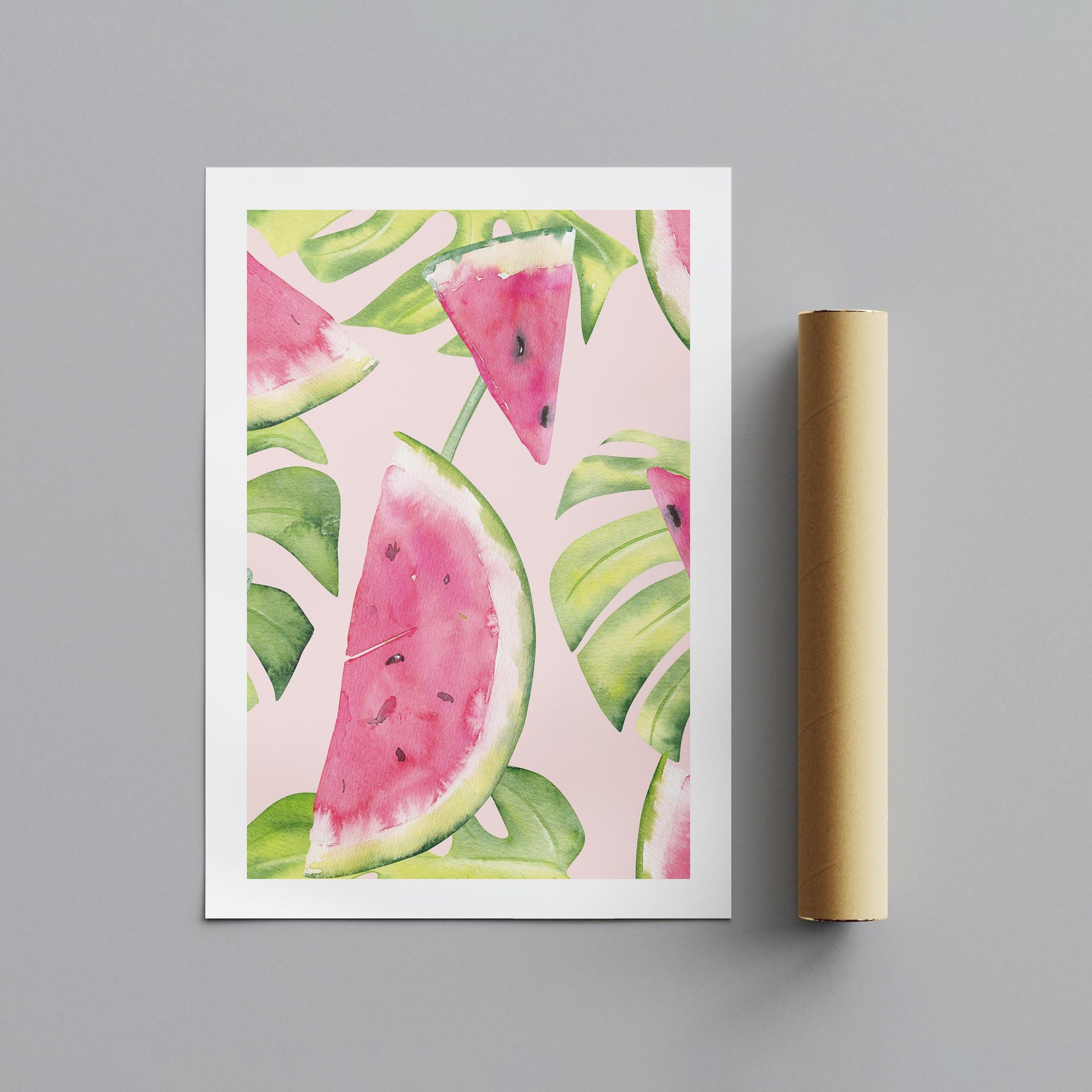 Summer Watermelon and Tropical Leaves - Rolled Poster Wall Art Print - House Prints