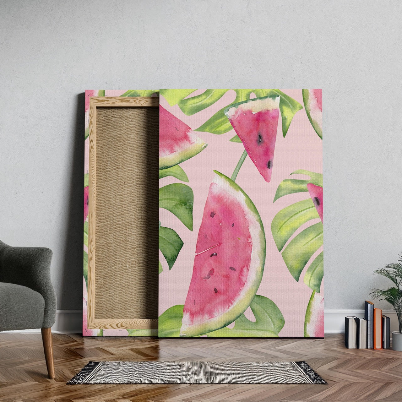 Summer Watermelon and Tropical Leaves - Framed Canvas Wall Art Print - House Prints