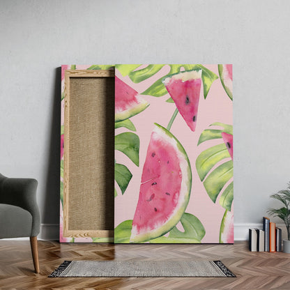 Summer Watermelon and Tropical Leaves - Framed Canvas Wall Art Print - House Prints
