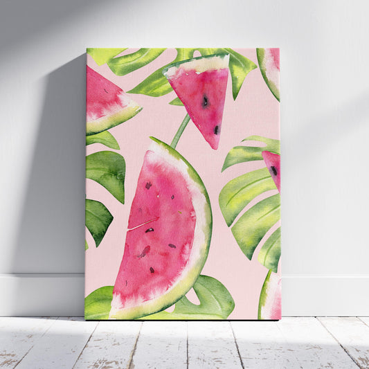 Summer Watermelon and Tropical Leaves - Framed Canvas Wall Art Print - House Prints