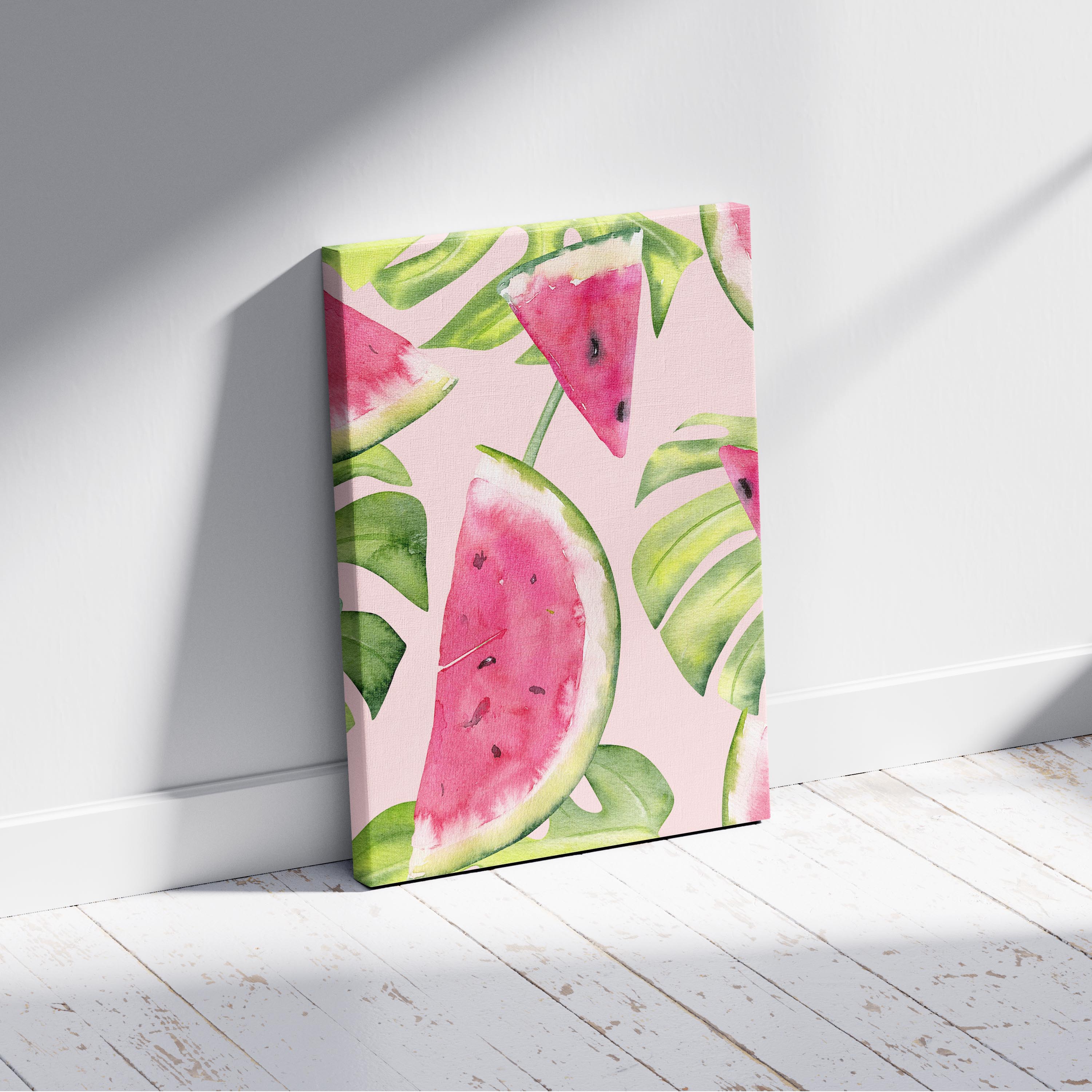 Summer Watermelon and Tropical Leaves - Framed Canvas Wall Art Print | House Prints