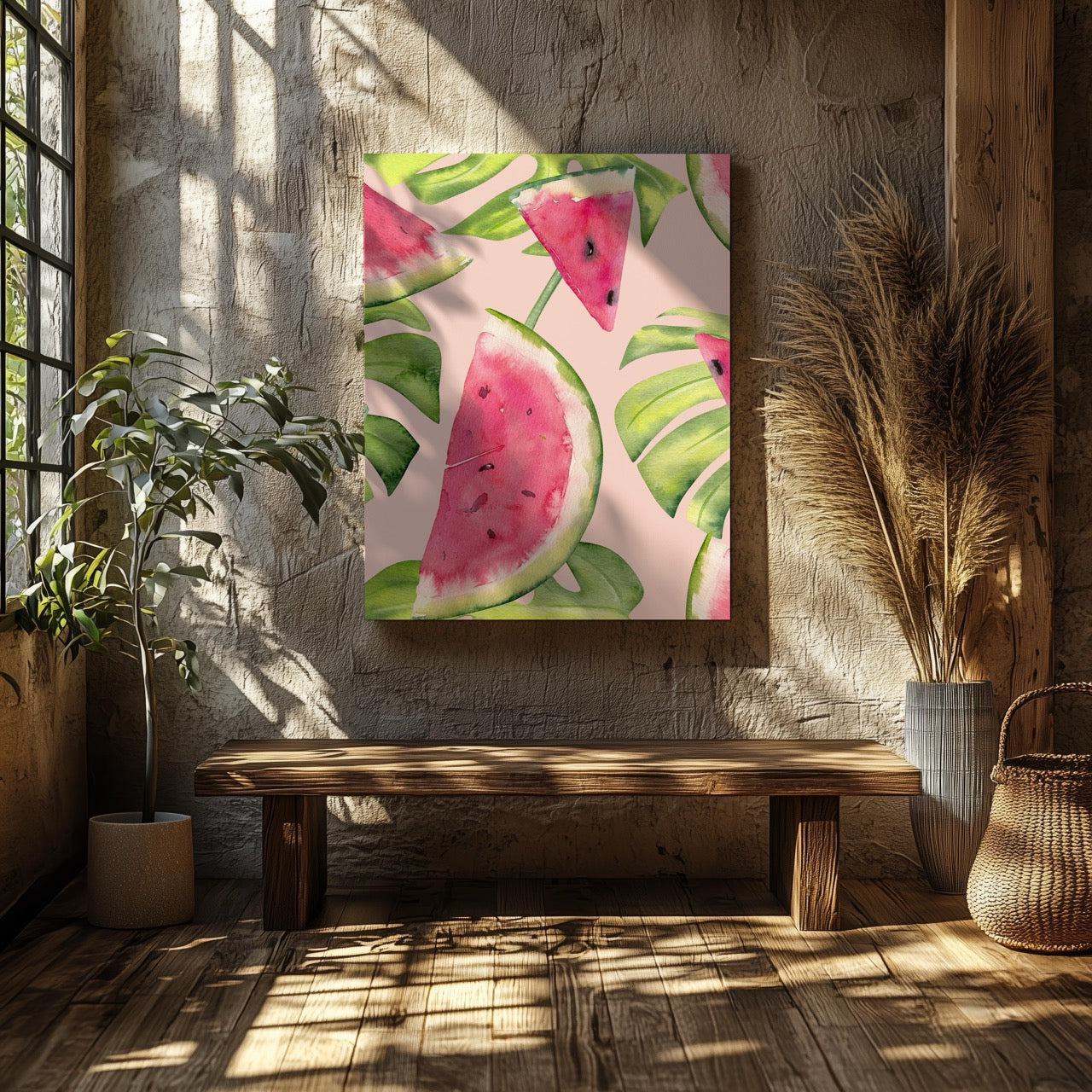 Summer Watermelon and Tropical Leaves - Framed Canvas Wall Art Print - House Prints