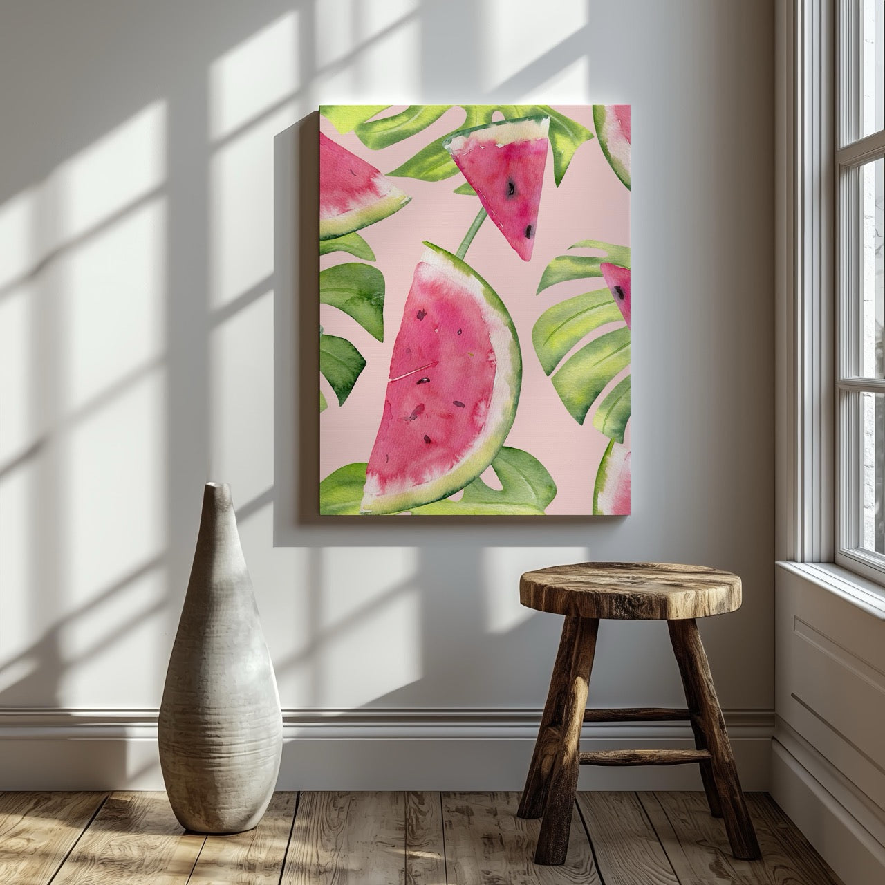 Summer Watermelon and Tropical Leaves - Framed Canvas Wall Art Print - House Prints