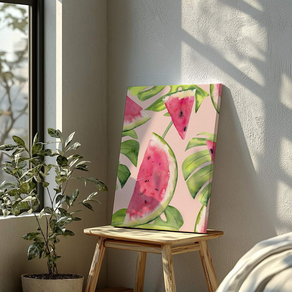 Summer Watermelon and Tropical Leaves - Framed Canvas Wall Art Print | House Prints
