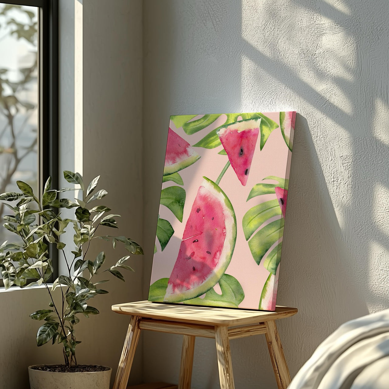 Summer Watermelon and Tropical Leaves - Framed Canvas Wall Art Print - House Prints