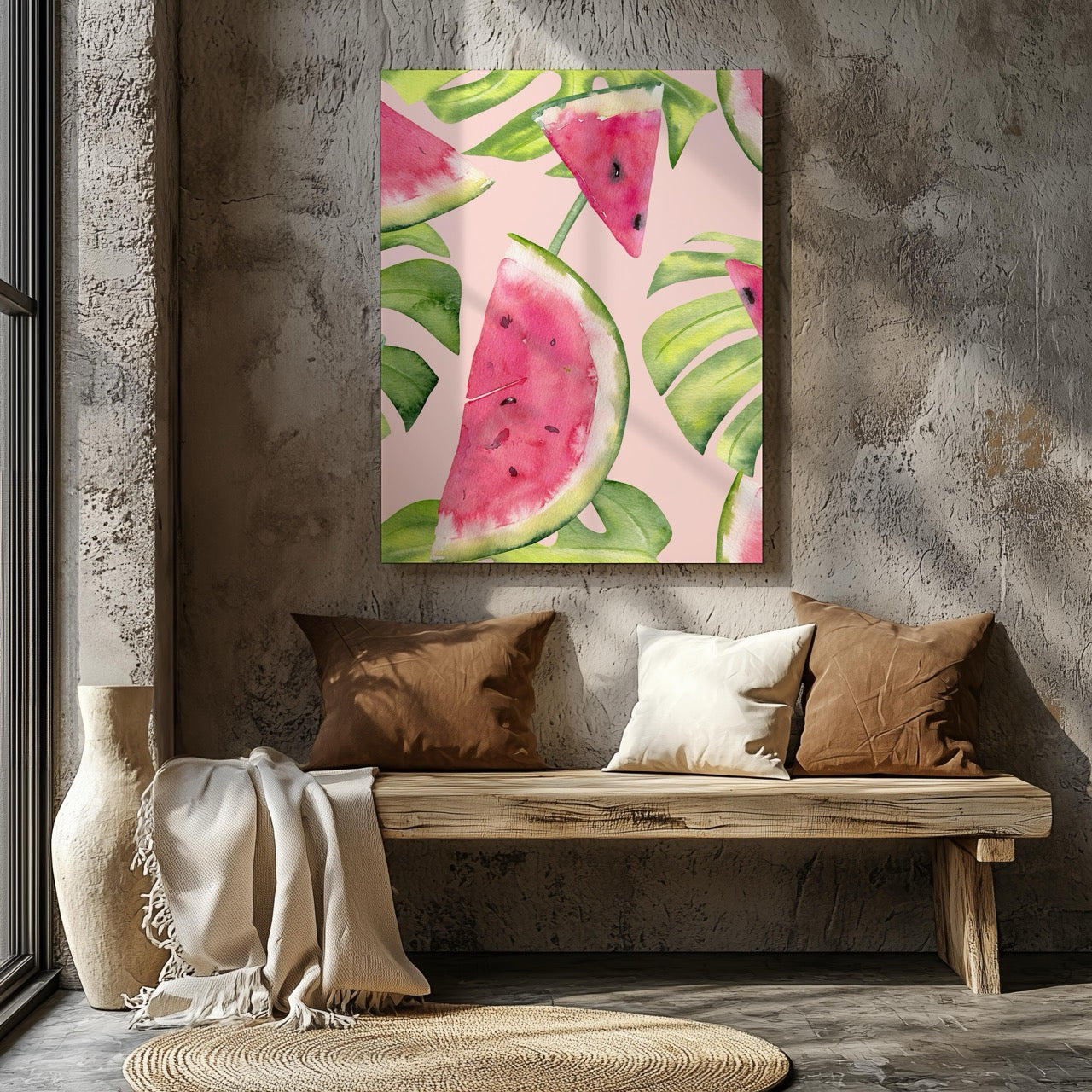 Summer Watermelon and Tropical Leaves - Framed Canvas Wall Art Print - House Prints