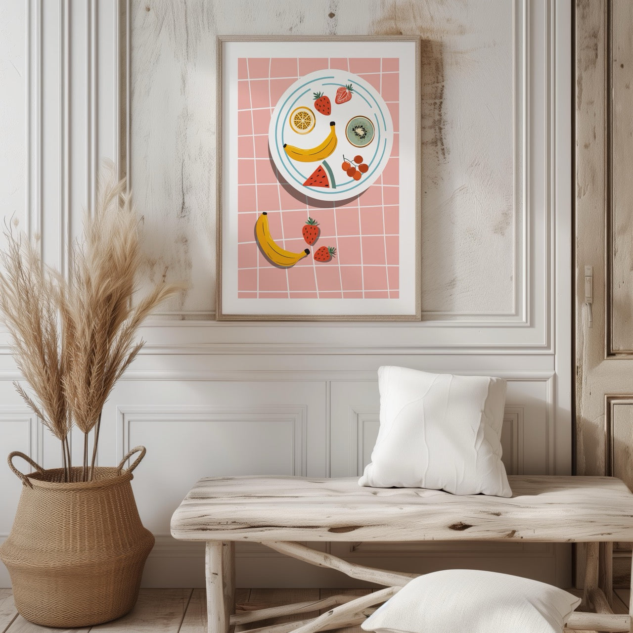 Colourful Fruit Plate on Pink - Rolled Poster Wall Art Print - House Prints