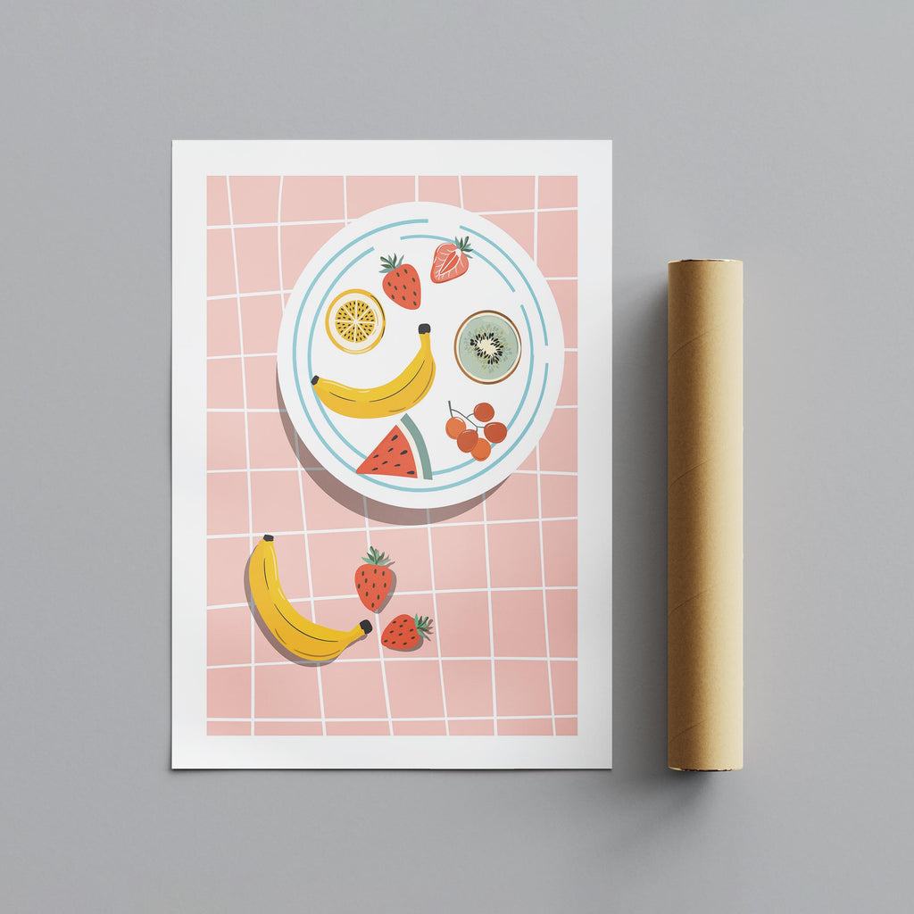 Colourful Fruit Plate on Pink - Rolled Poster Wall Art Print | House Prints