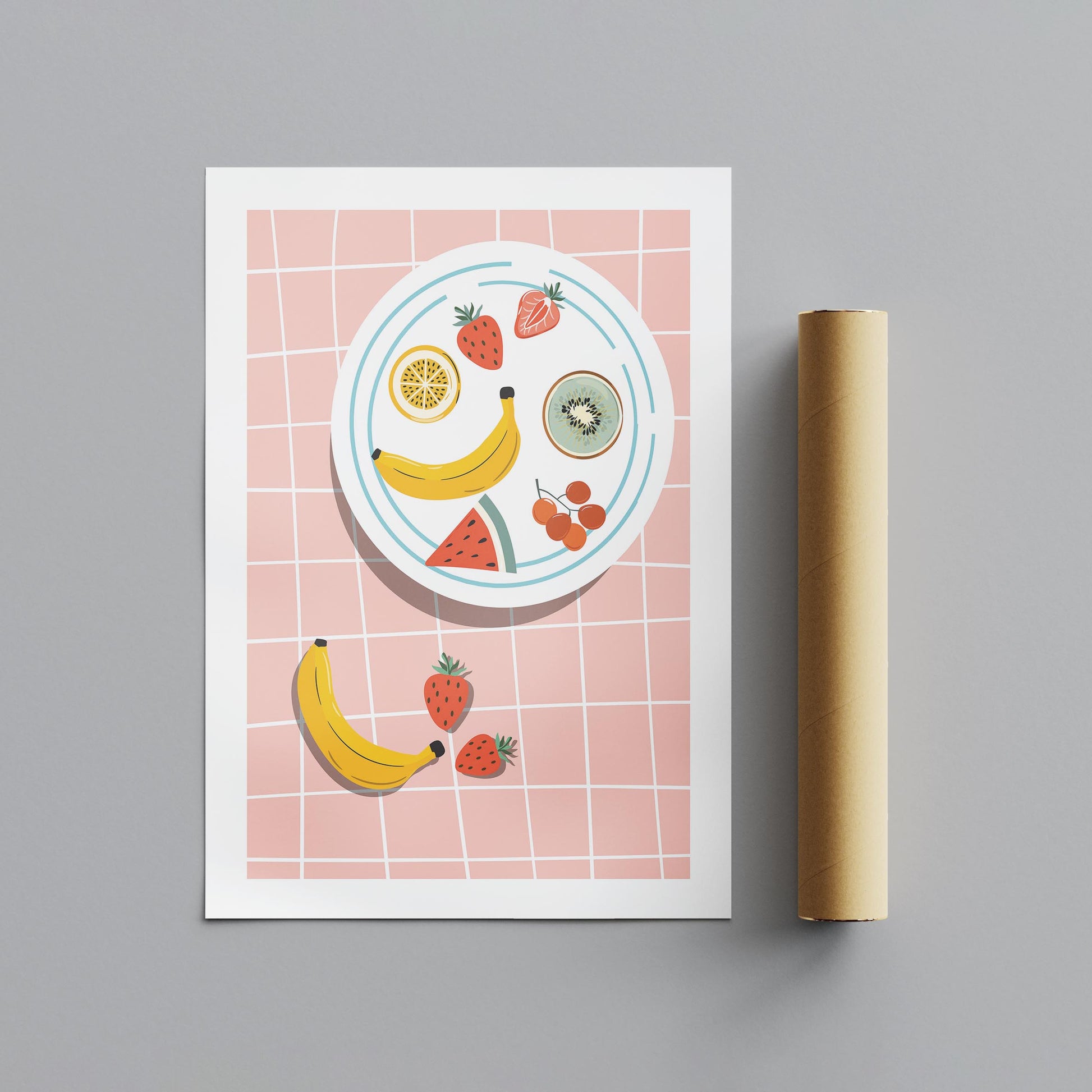 Colourful Fruit Plate on Pink - Rolled Poster Wall Art Print - House Prints