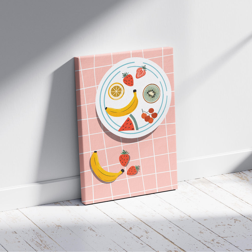 Colourful Fruit Plate on Pink - Framed Canvas Wall Art Print | House Prints