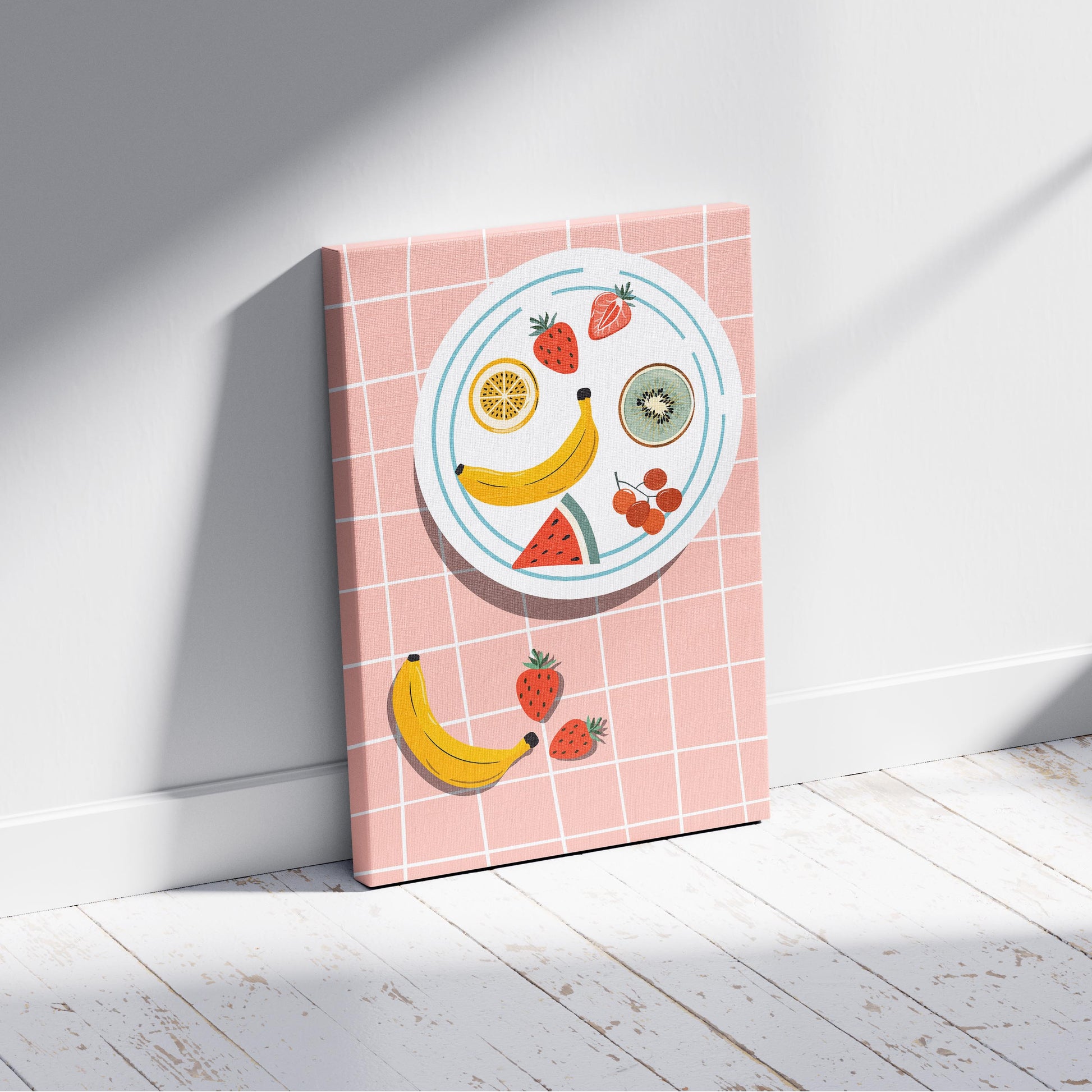Colourful Fruit Plate on Pink - Framed Canvas Wall Art Print - House Prints
