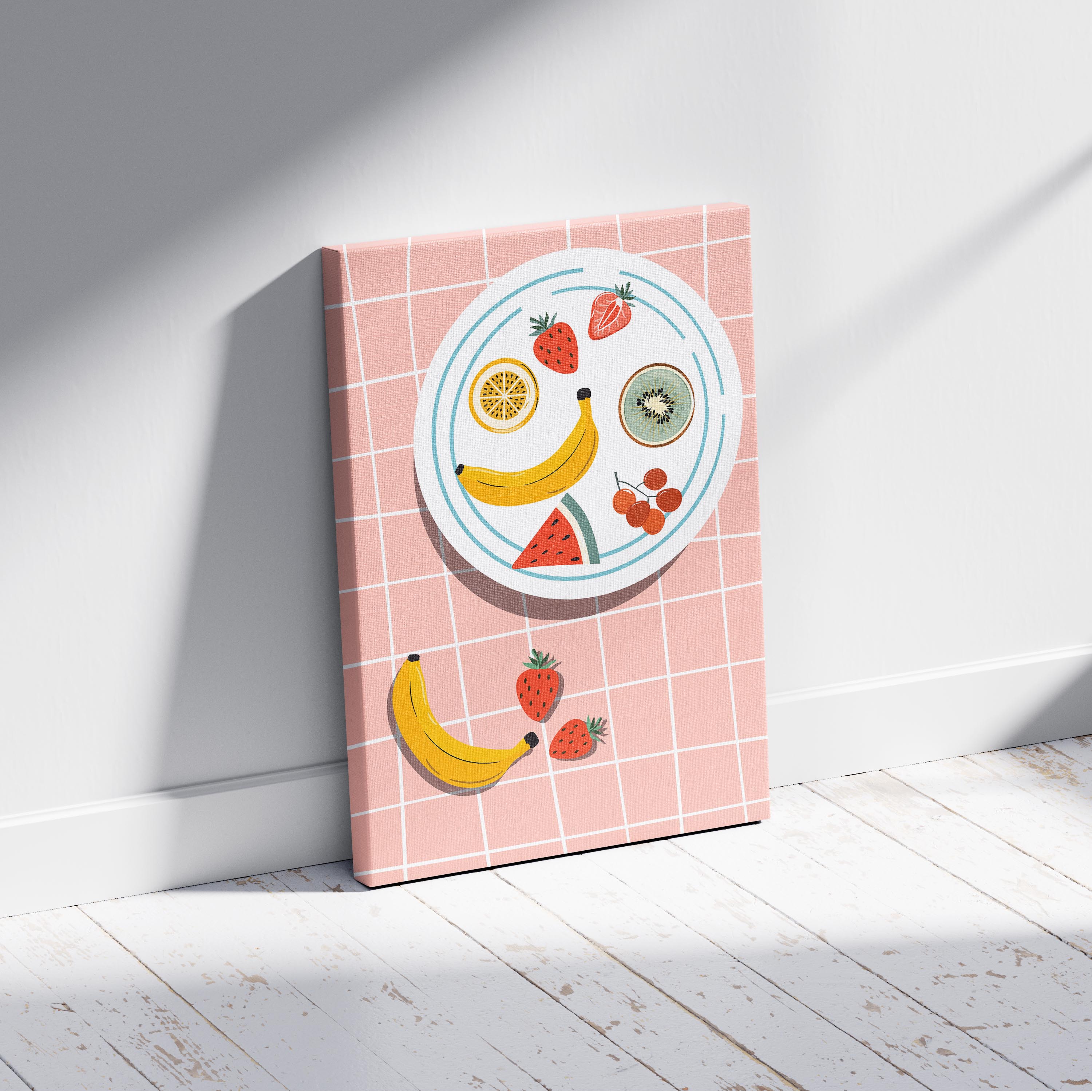Colourful Fruit Plate on Pink - Framed Canvas Wall Art Print | House Prints