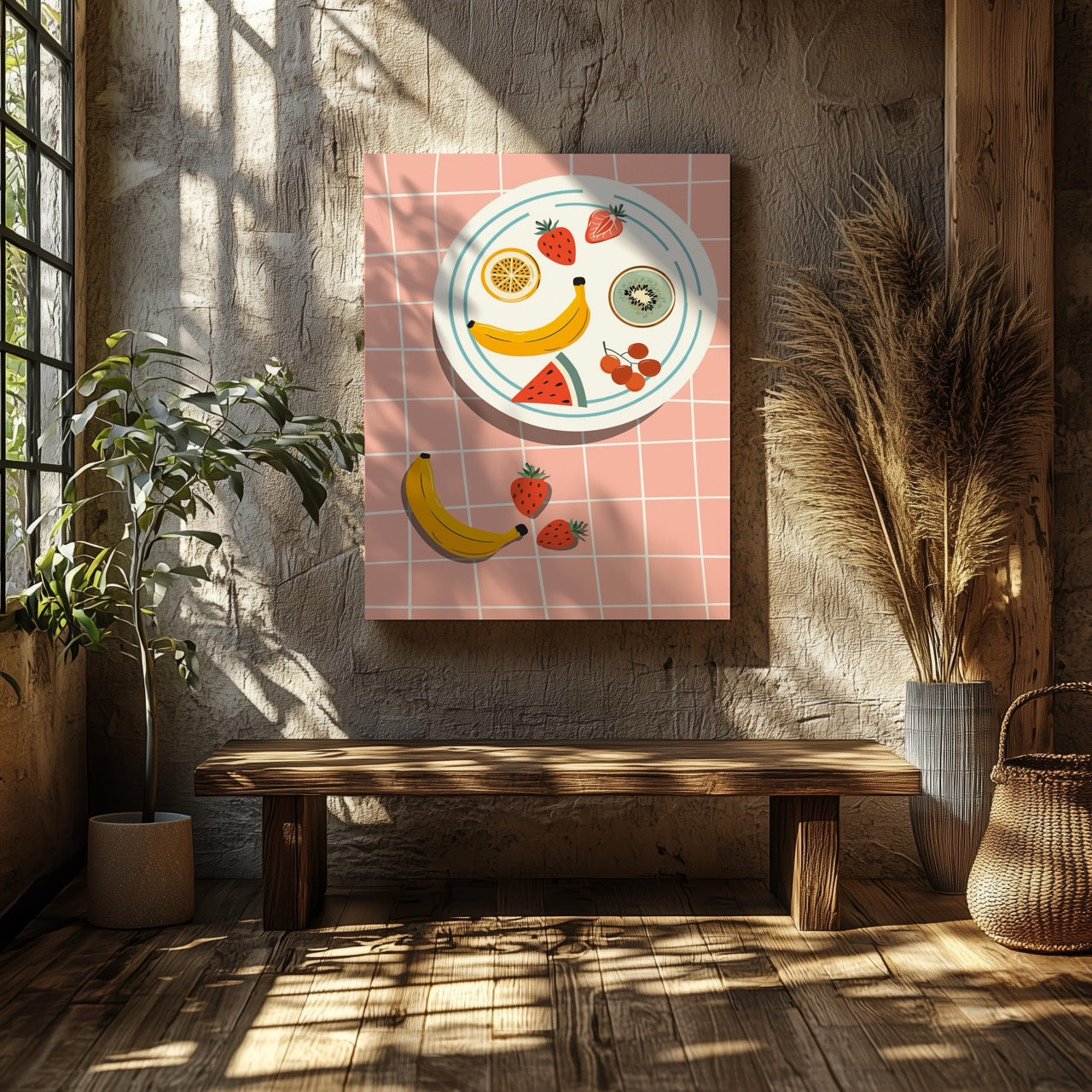 Colourful Fruit Plate on Pink - Framed Canvas Wall Art Print - House Prints