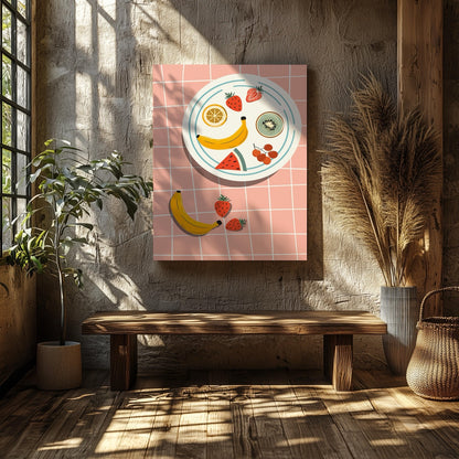 Colourful Fruit Plate on Pink - Framed Canvas Wall Art Print - House Prints