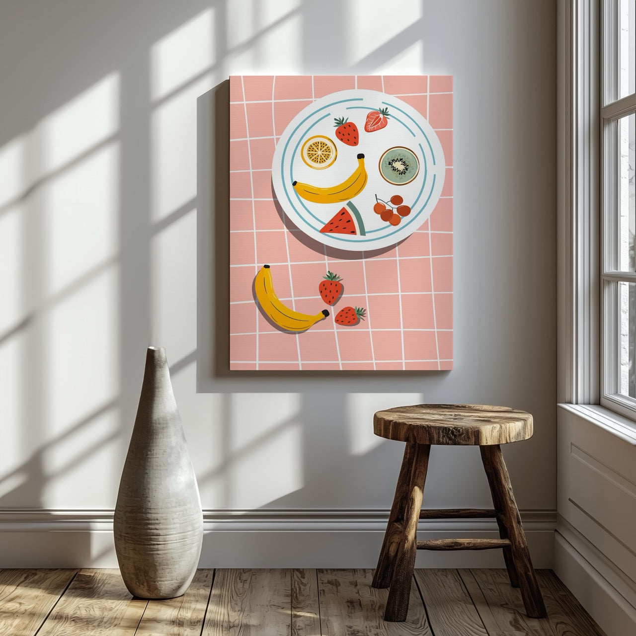 Colourful Fruit Plate on Pink - Framed Canvas Wall Art Print - House Prints