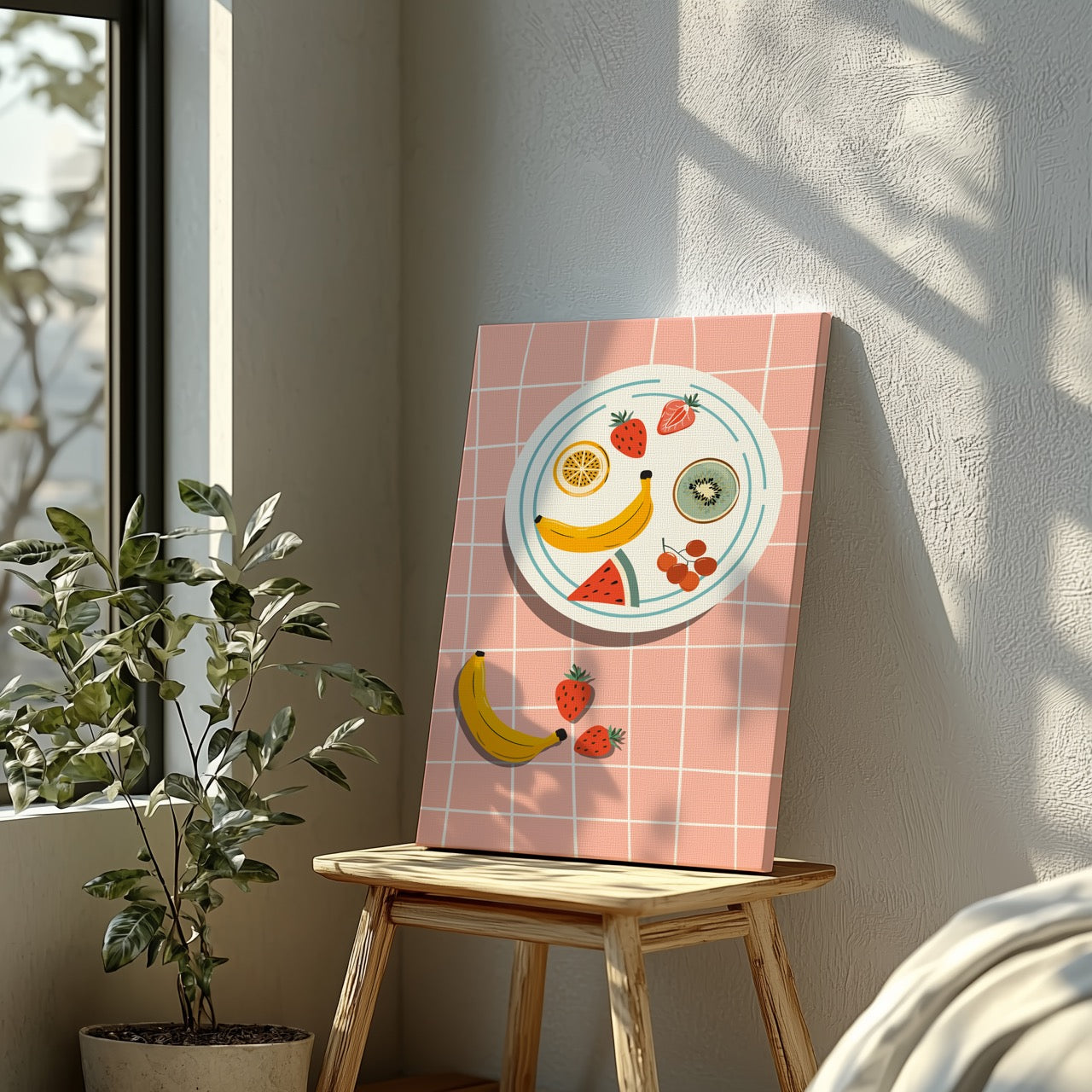 Colourful Fruit Plate on Pink - Framed Canvas Wall Art Print - House Prints