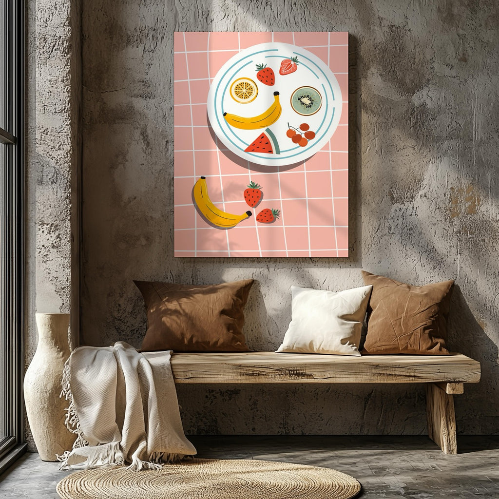 Colourful Fruit Plate on Pink - Framed Canvas Wall Art Print | House Prints