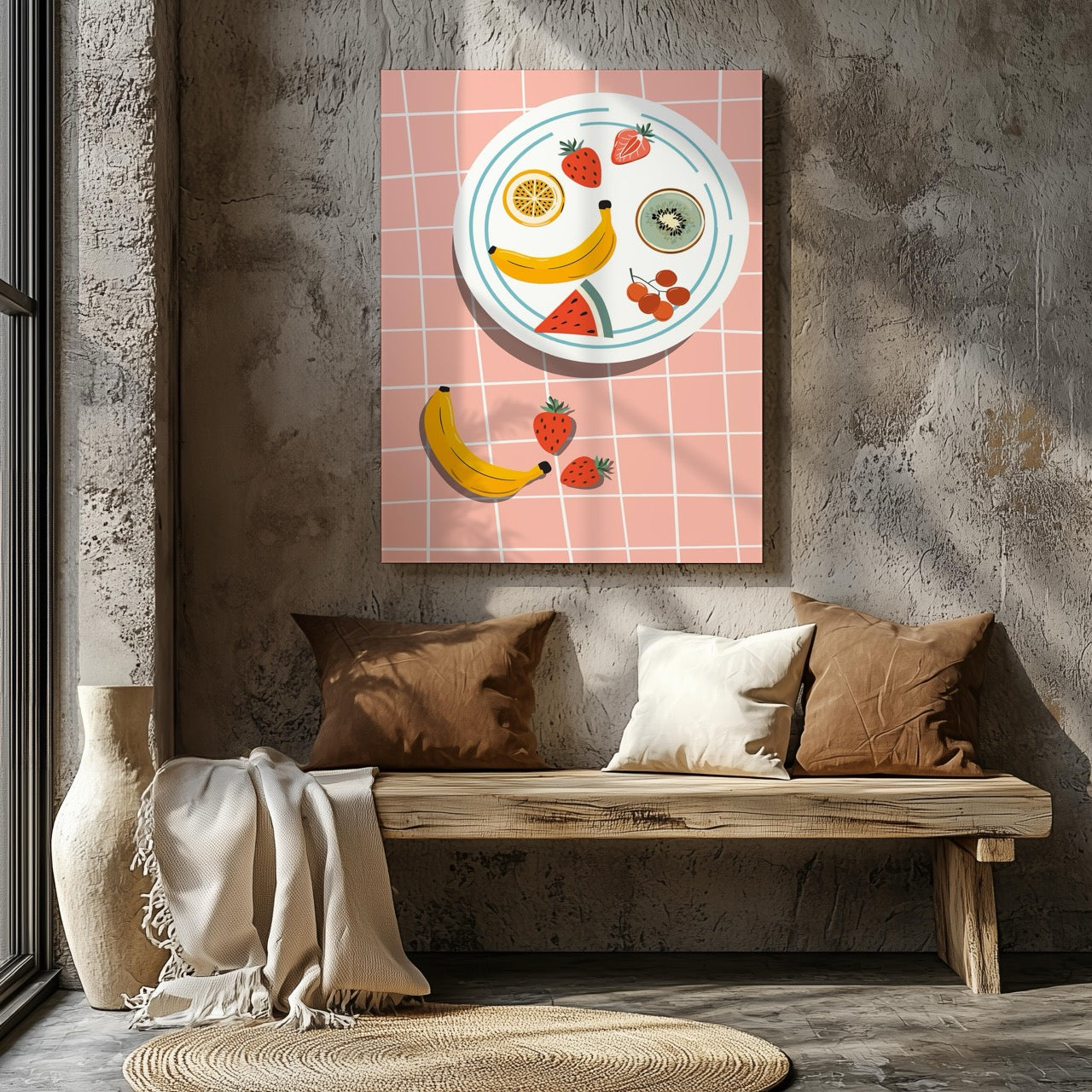 Colourful Fruit Plate on Pink - Framed Canvas Wall Art Print - House Prints