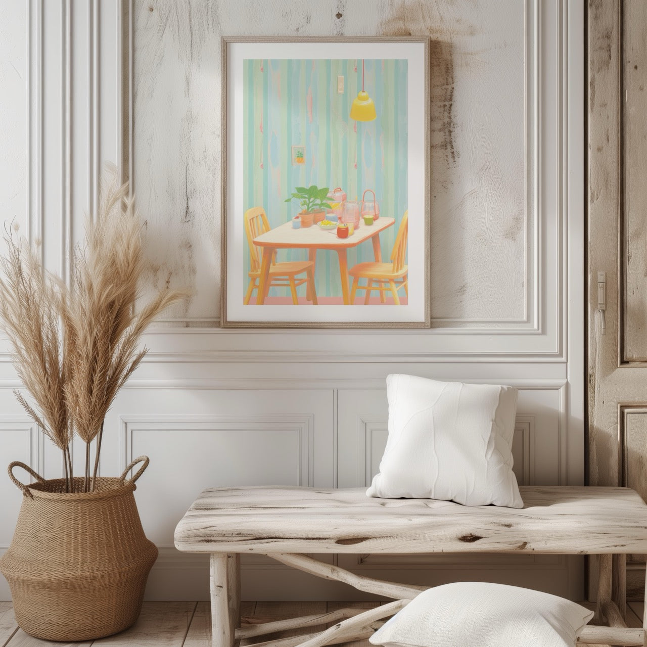 Cozy Pastel Breakfast Nook Scene - Rolled Poster Wall Art Print - House Prints