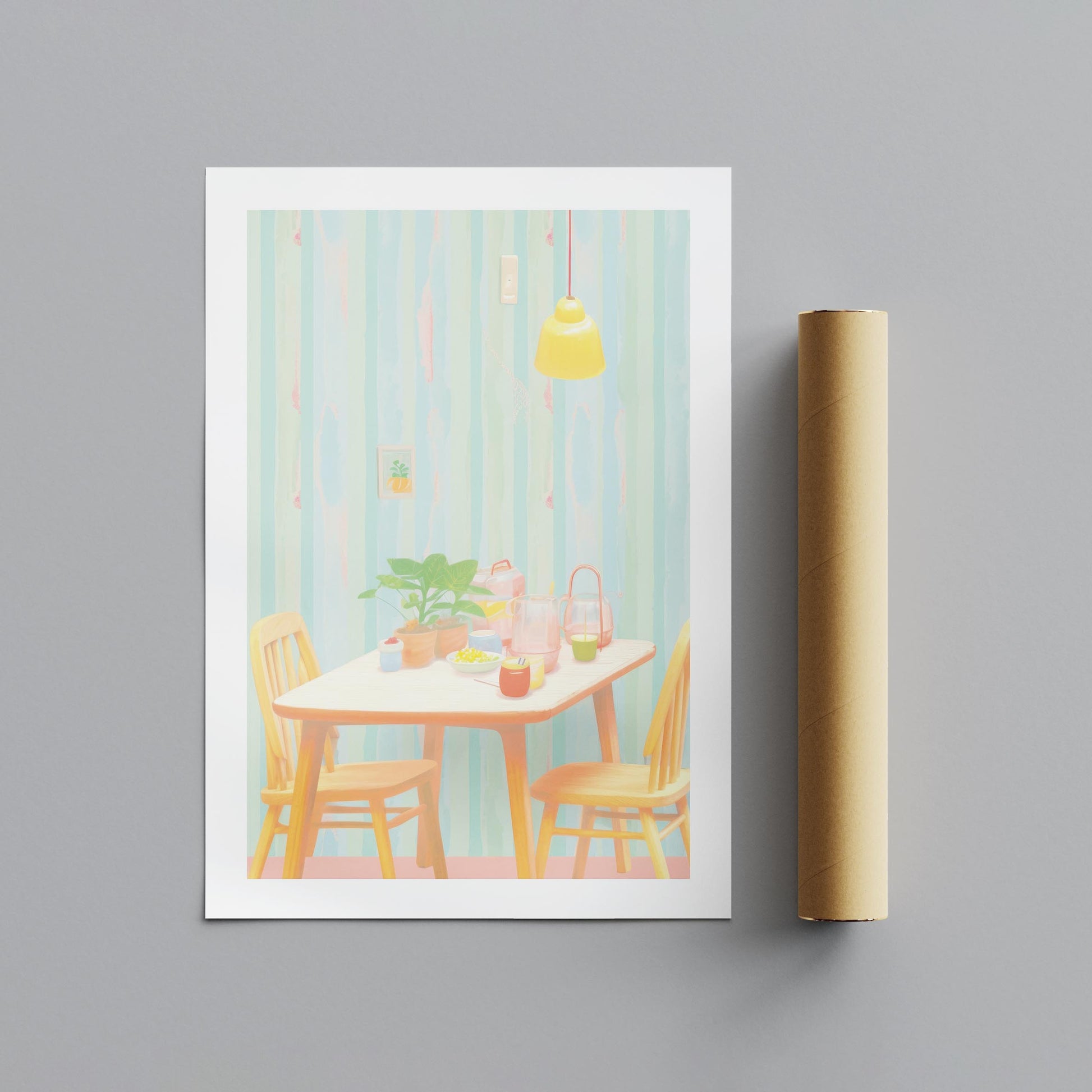 Cozy Pastel Breakfast Nook Scene - Rolled Poster Wall Art Print - House Prints