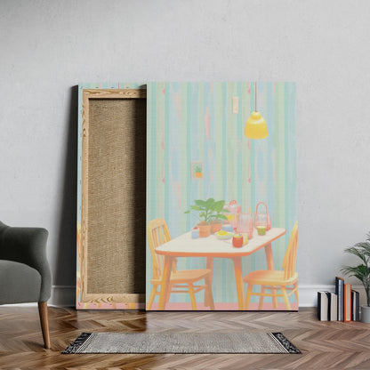 Cozy Pastel Breakfast Nook Scene - Framed Canvas Wall Art Print - House Prints
