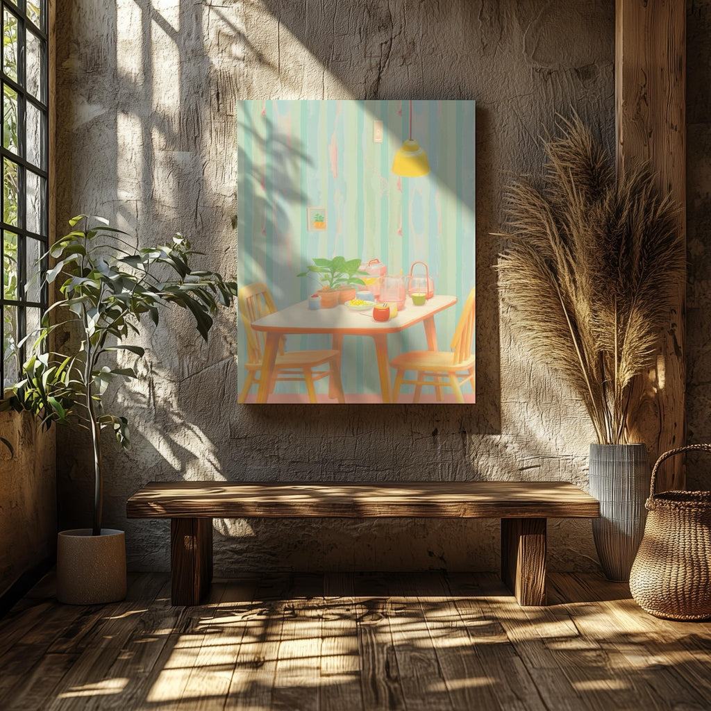 Cozy Pastel Breakfast Nook Scene - Framed Canvas Wall Art Print | House Prints