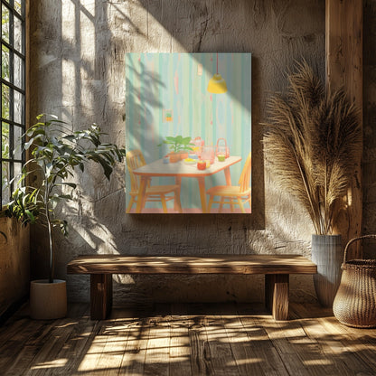 Cozy Pastel Breakfast Nook Scene - Framed Canvas Wall Art Print - House Prints