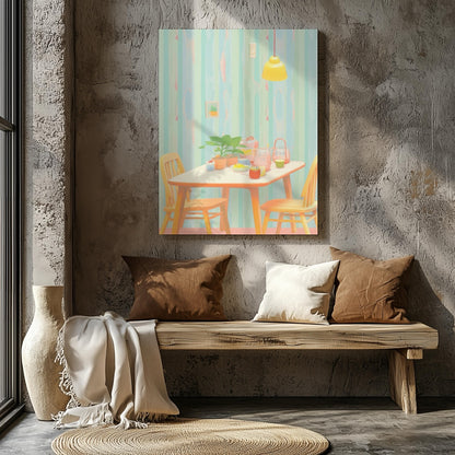 Cozy Pastel Breakfast Nook Scene - Framed Canvas Wall Art Print - House Prints