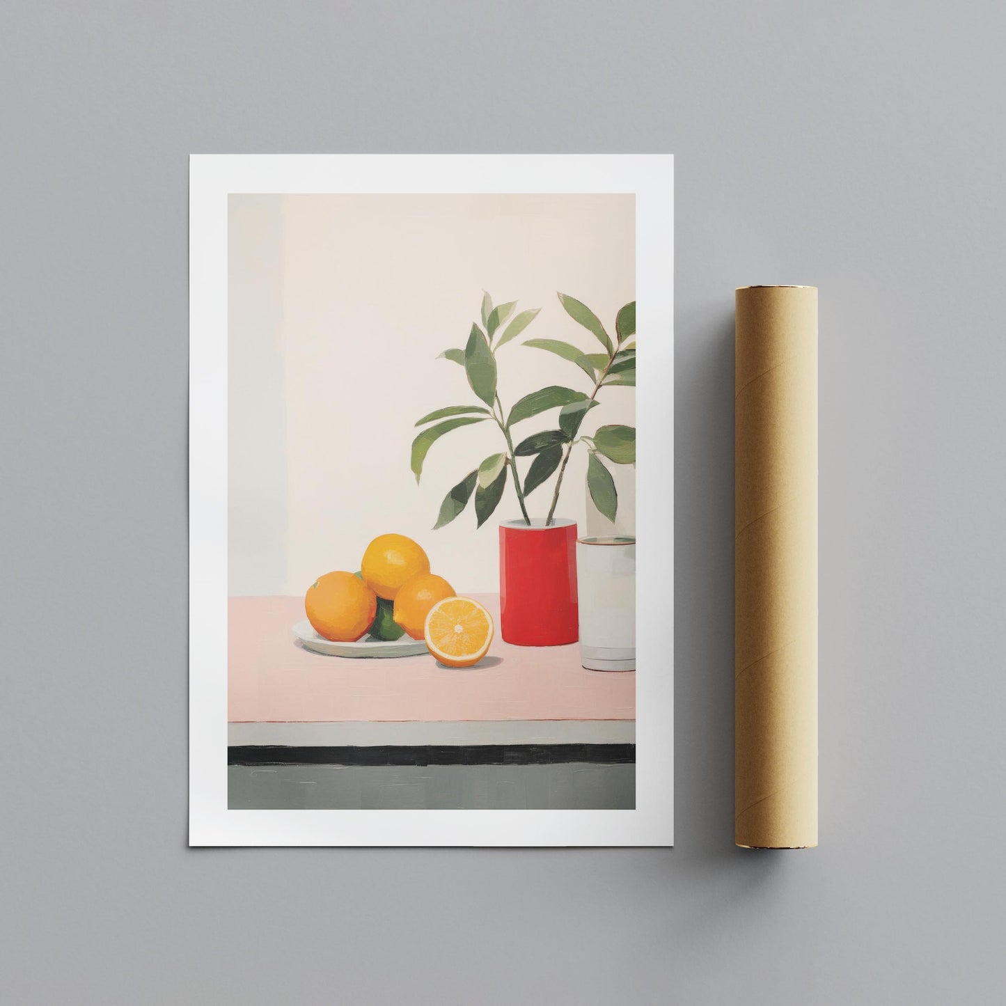 Citrus Oranges and Red Vase Still Life - Rolled Poster Wall Art Print - House Prints