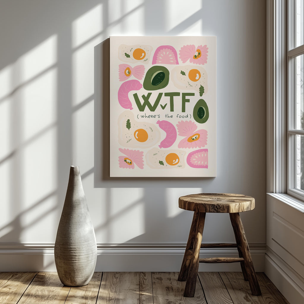 Where's The Food WTF Funny Kitchen Quote - Framed Canvas Wall Art Print | House Prints