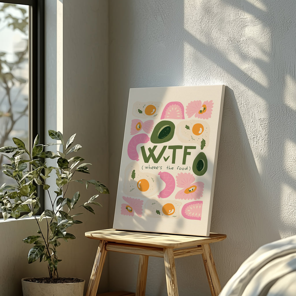 Where's The Food WTF Funny Kitchen Quote - Framed Canvas Wall Art Print | House Prints