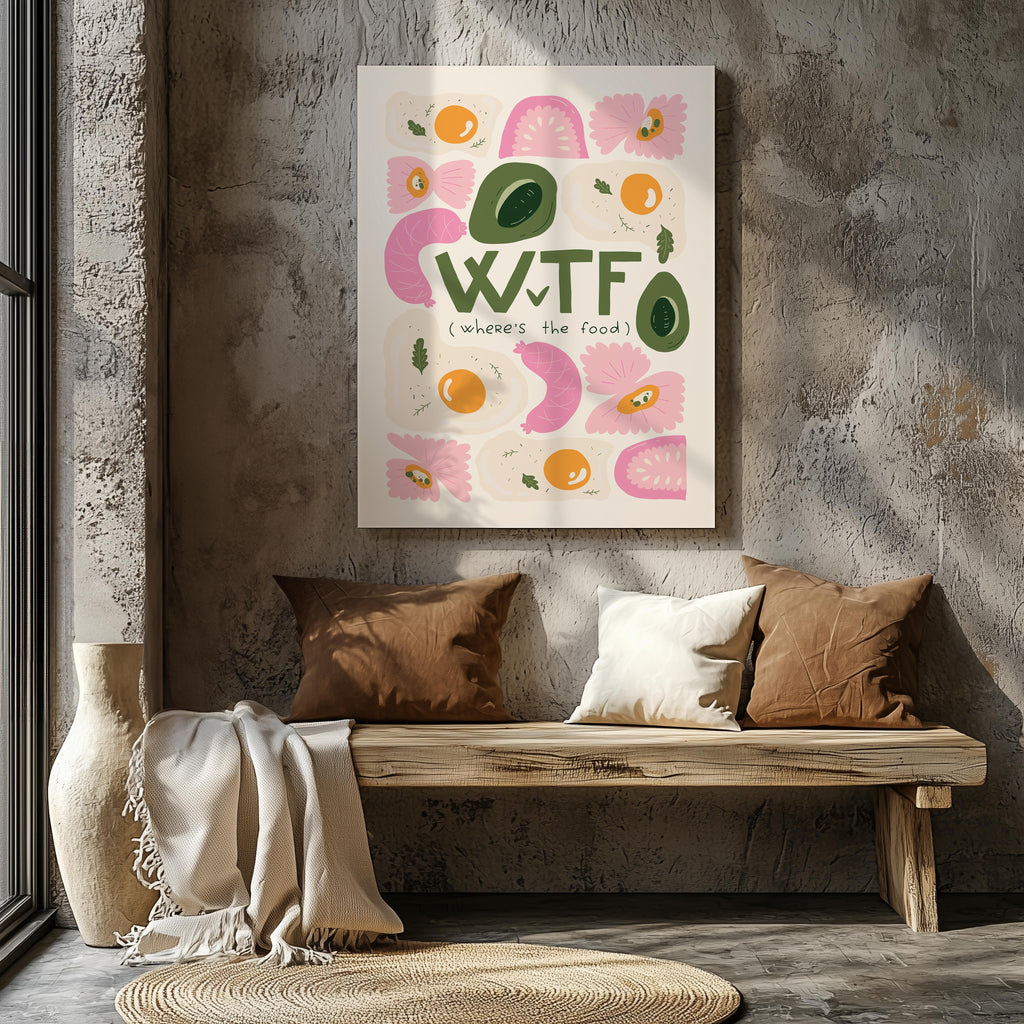 Where's The Food WTF Funny Kitchen Quote - Framed Canvas Wall Art Print | House Prints