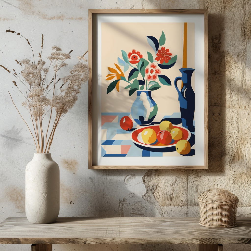 Vibrant Florals and Citrus in Blue Vase - Rolled Poster Wall Art Print | House Prints