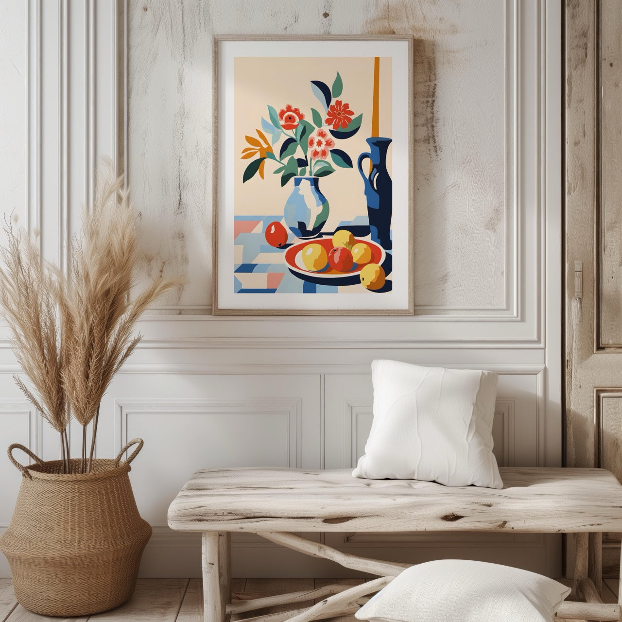 Vibrant Florals and Citrus in Blue Vase - Rolled Poster Wall Art Print | House Prints