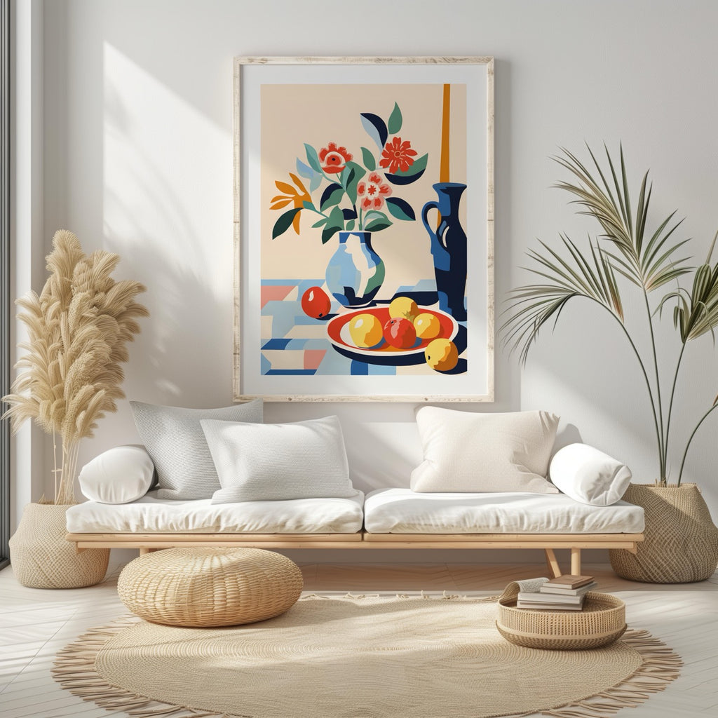 Vibrant Florals and Citrus in Blue Vase - Rolled Poster Wall Art Print | House Prints