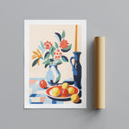 Vibrant Florals and Citrus in Blue Vase - Rolled Poster Wall Art Print | House Prints