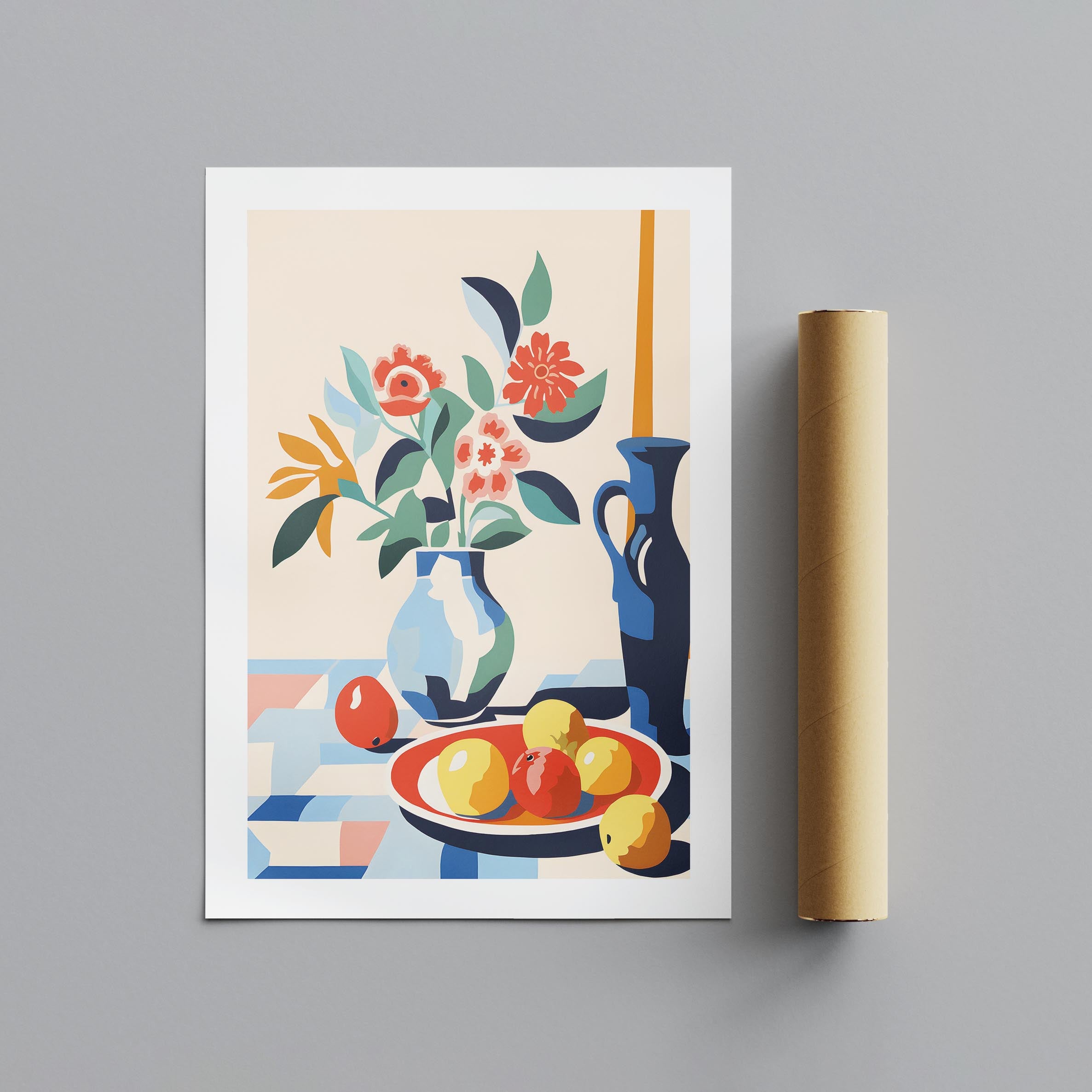 Vibrant Florals and Citrus in Blue Vase - Rolled Poster Wall Art Print | House Prints