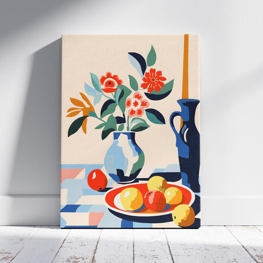Vibrant Florals and Citrus in Blue Vase - Framed Canvas Wall Art Print - House Prints