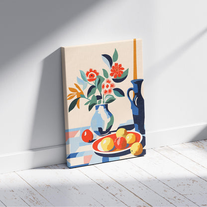 Vibrant Florals and Citrus in Blue Vase - Framed Canvas Wall Art Print - House Prints