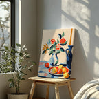 Vibrant Florals and Citrus in Blue Vase - Framed Canvas Wall Art Print | House Prints