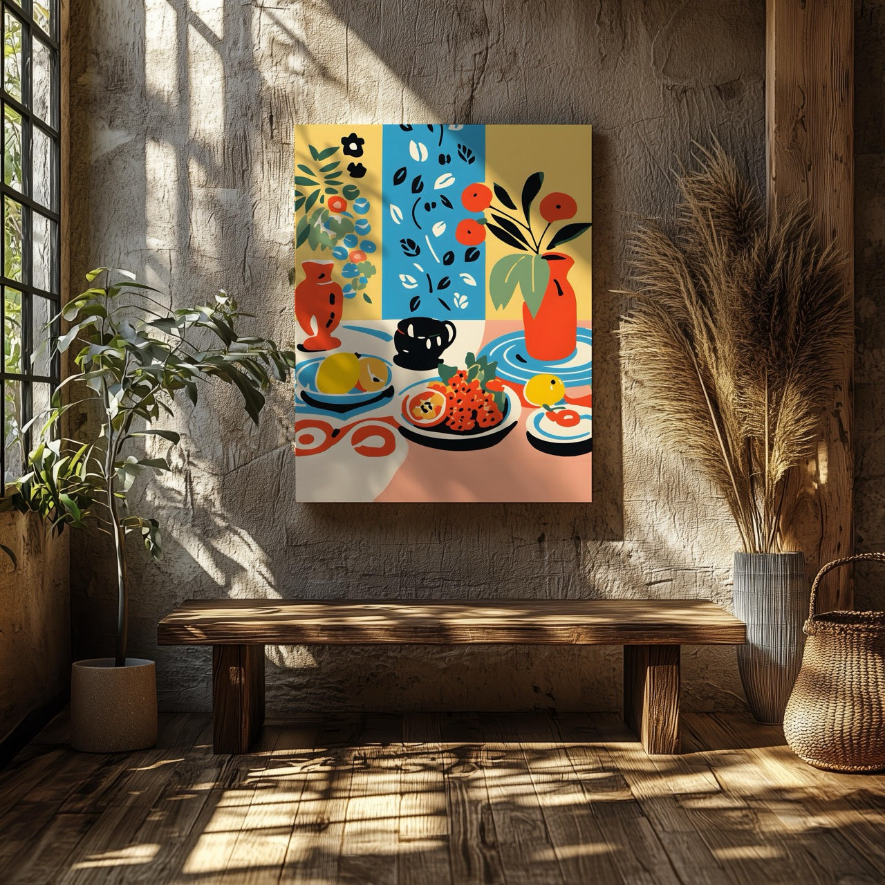 Colourful Table with Fruit Arrangement - Framed Canvas Wall Art Print | House Prints