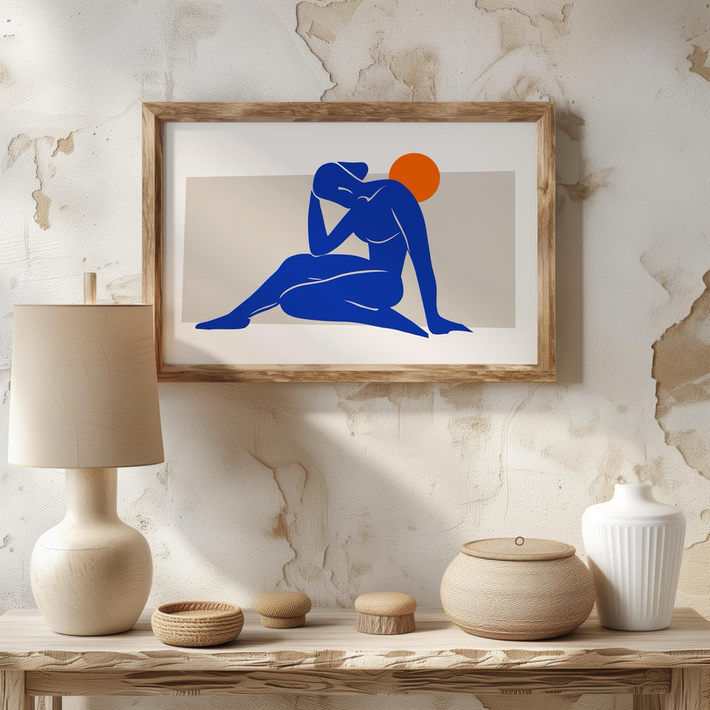 Minimalist Abstract Blue Figure with Sun - Rolled Poster Wall Art Print | House Prints