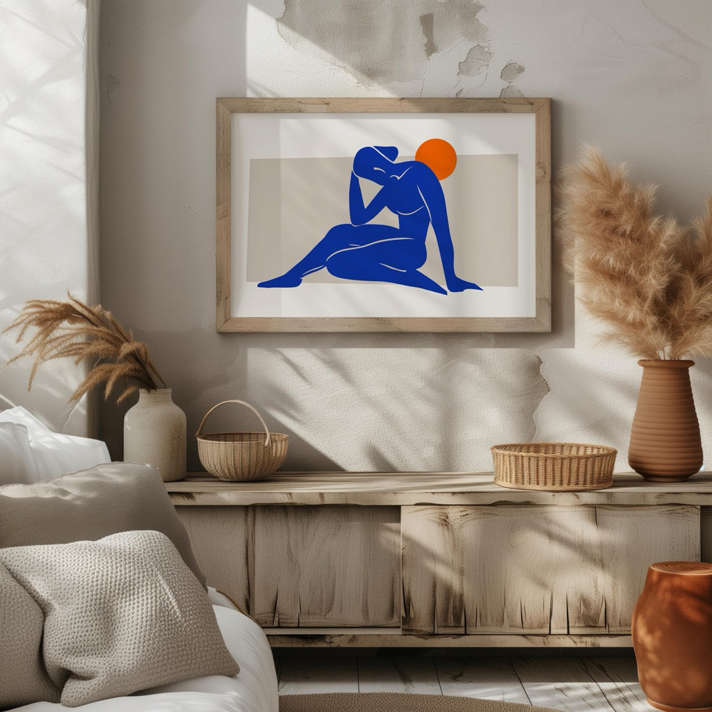 Minimalist Abstract Blue Figure with Sun - Rolled Poster Wall Art Print | House Prints