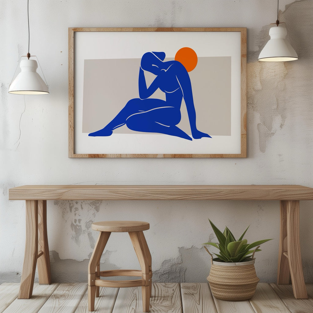 Minimalist Abstract Blue Figure with Sun - Rolled Poster Wall Art Print | House Prints
