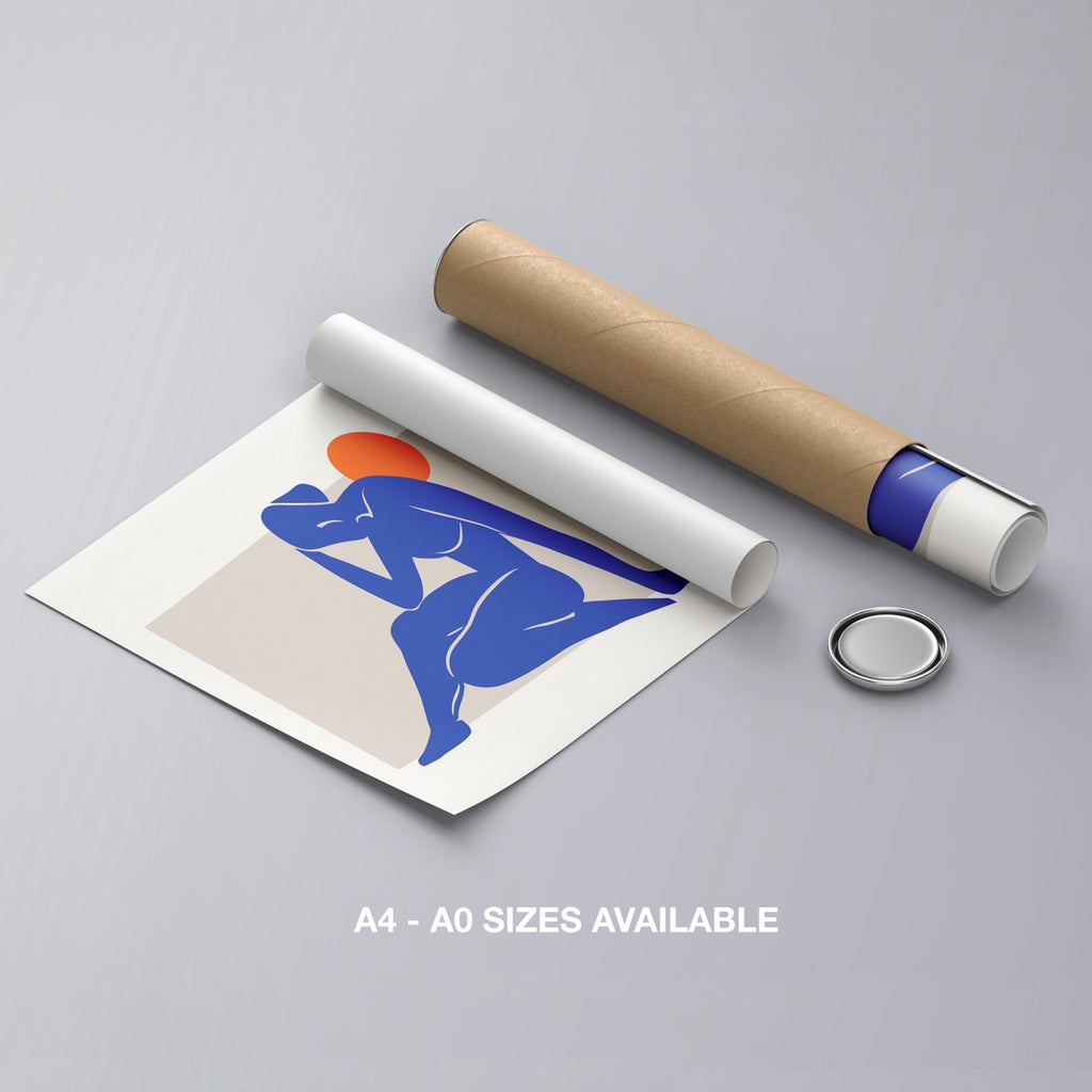 Minimalist Abstract Blue Figure with Sun - Rolled Poster Wall Art Print | House Prints