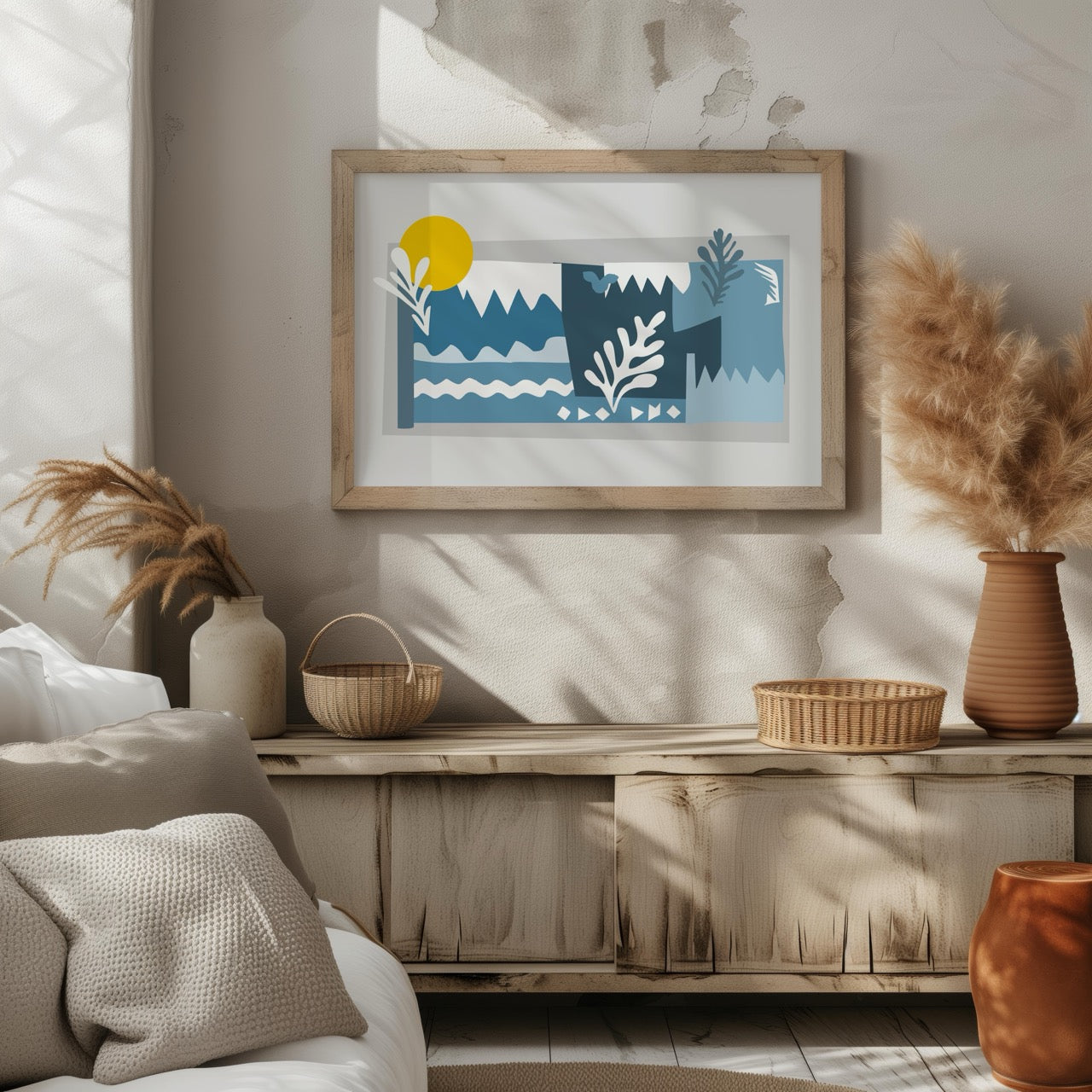 Abstract Blue Landscape with Sun - Rolled Poster Wall Art Print | House Prints