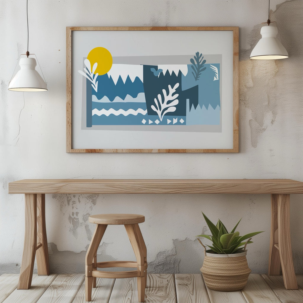 Abstract Blue Landscape with Sun - Rolled Poster Wall Art Print | House Prints