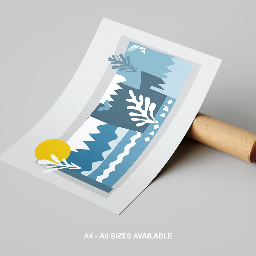 Abstract Blue Landscape with Sun - Rolled Poster Wall Art Print | House Prints