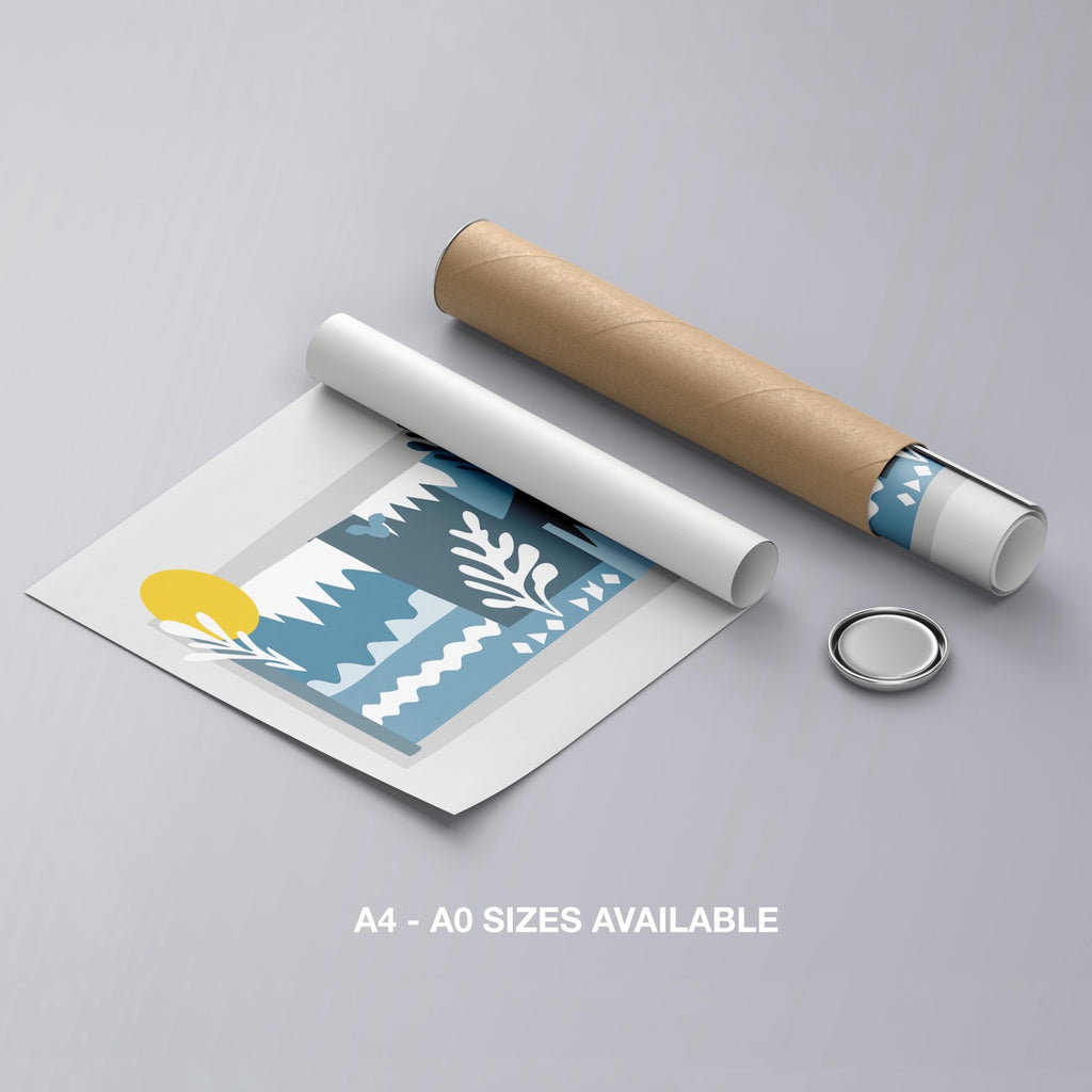 Abstract Blue Landscape with Sun - Rolled Poster Wall Art Print | House Prints